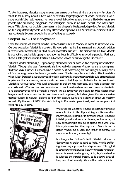 White page from a text guide by Art Spiegelman, showing black text and a black and white comic panel of a mouse in a striped uniform.