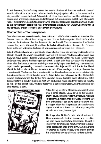 White page from a text guide by Art Spiegelman, showing black text and a black and white comic panel of a mouse in a striped uniform.