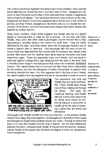 Text Guide page on Art Spiegelman's The Complete Maus, showing a comic panel and descriptive text analysis on page 9.