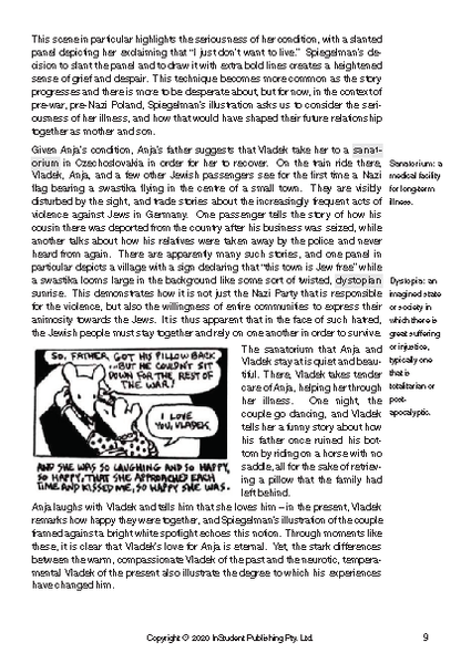 Text Guide page on Art Spiegelman's The Complete Maus, showing a comic panel and descriptive text analysis on page 9.