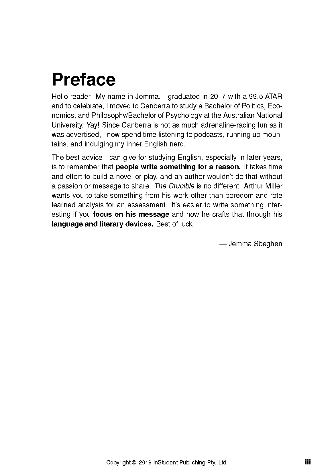 Text Guide for The Crucible by Arthur Miller by InStudent Publishing Pty. Ltd., displaying a white page with a black "Preface" heading and introductory text.
