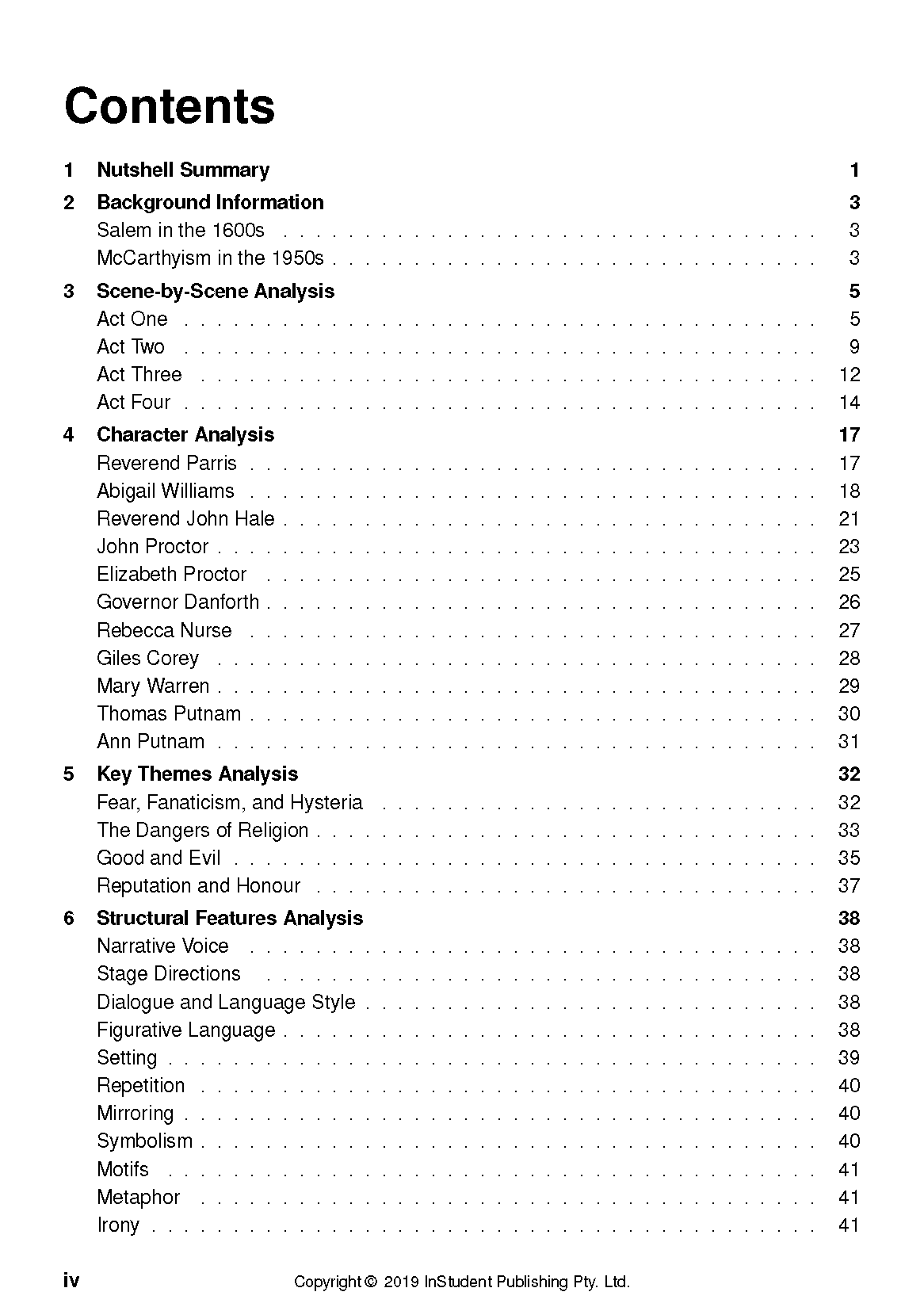 Text guide about The Crucible by Arthur Miller by InStudent Publishing Pty. Ltd., displaying its table of contents.