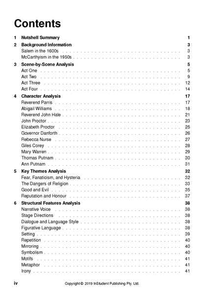 Text guide about The Crucible by Arthur Miller by InStudent Publishing Pty. Ltd., displaying its table of contents.