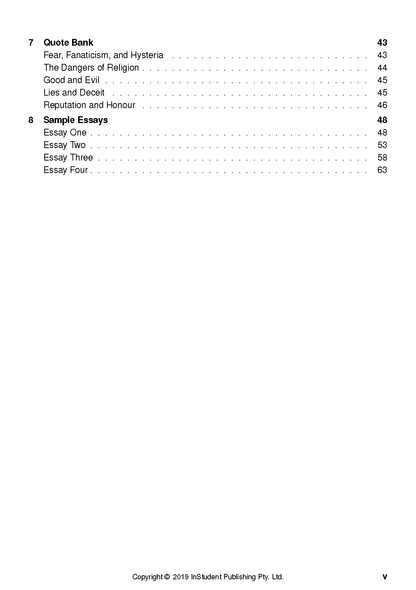 A text guide's table of contents showing "Quote Bank" and "Sample Essays" sections with various topics and page numbers.