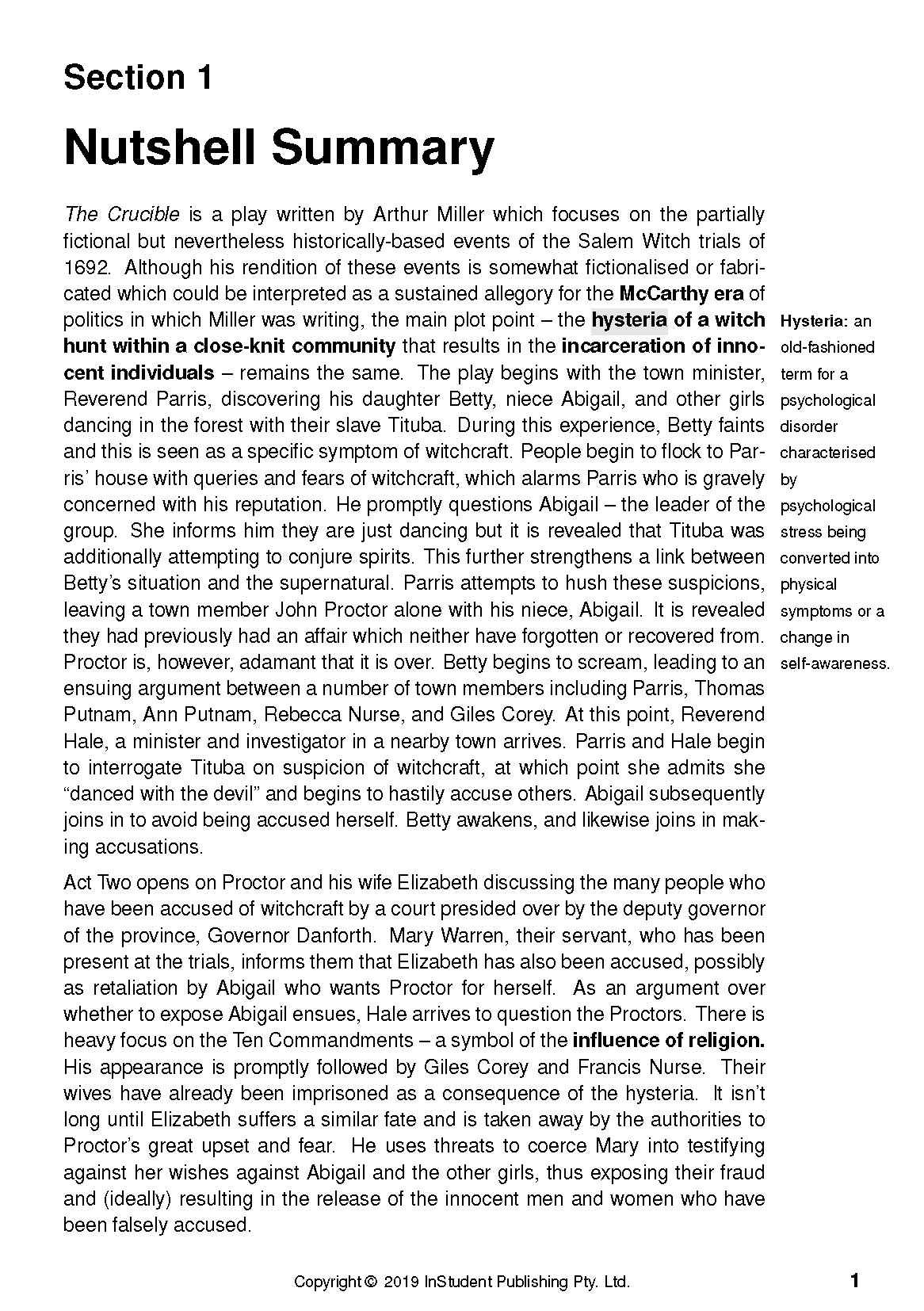 White text guide page featuring a 'Nutshell Summary' and text about 'The Crucible by Arthur Miller,' with a sidebar definition.