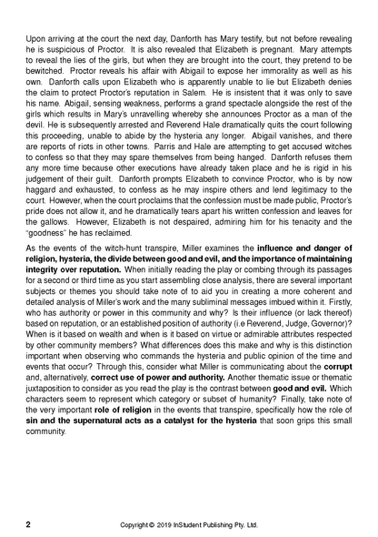 Text Guide page displaying detailed analysis of The Crucible by Arthur Miller, with bolded key themes and page 2.