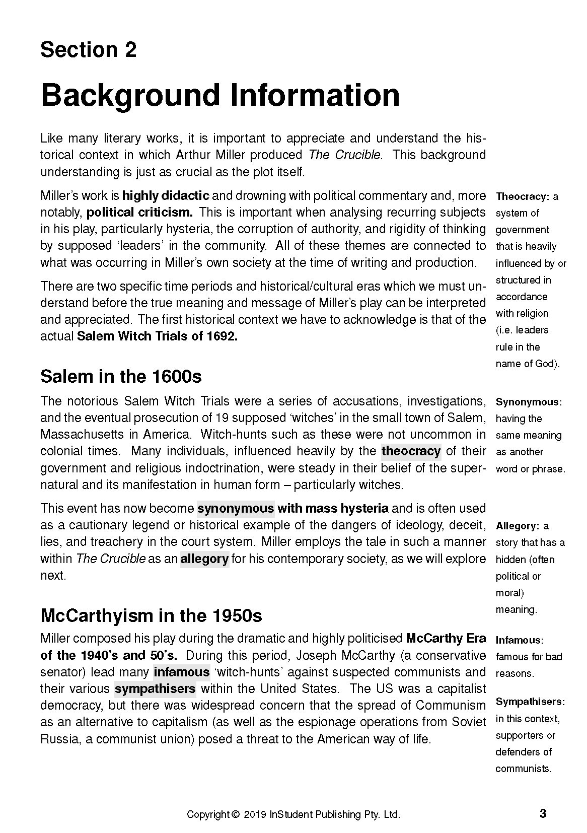 Text Guide: The Crucible by Arthur Miller from InStudent Publishing Pty. Ltd., showing a page titled 'Background Information' with text and definitions.
