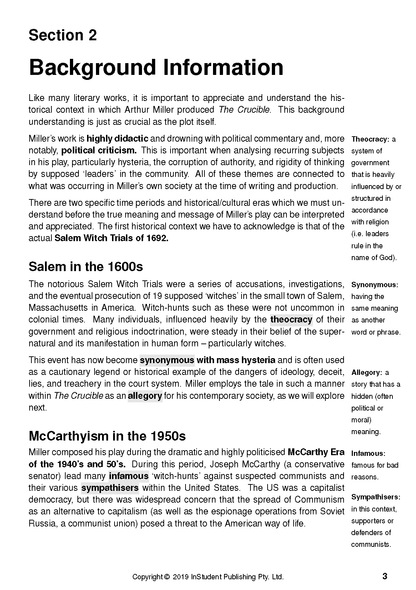 Text Guide: The Crucible by Arthur Miller from InStudent Publishing Pty. Ltd., showing a page titled 'Background Information' with text and definitions.