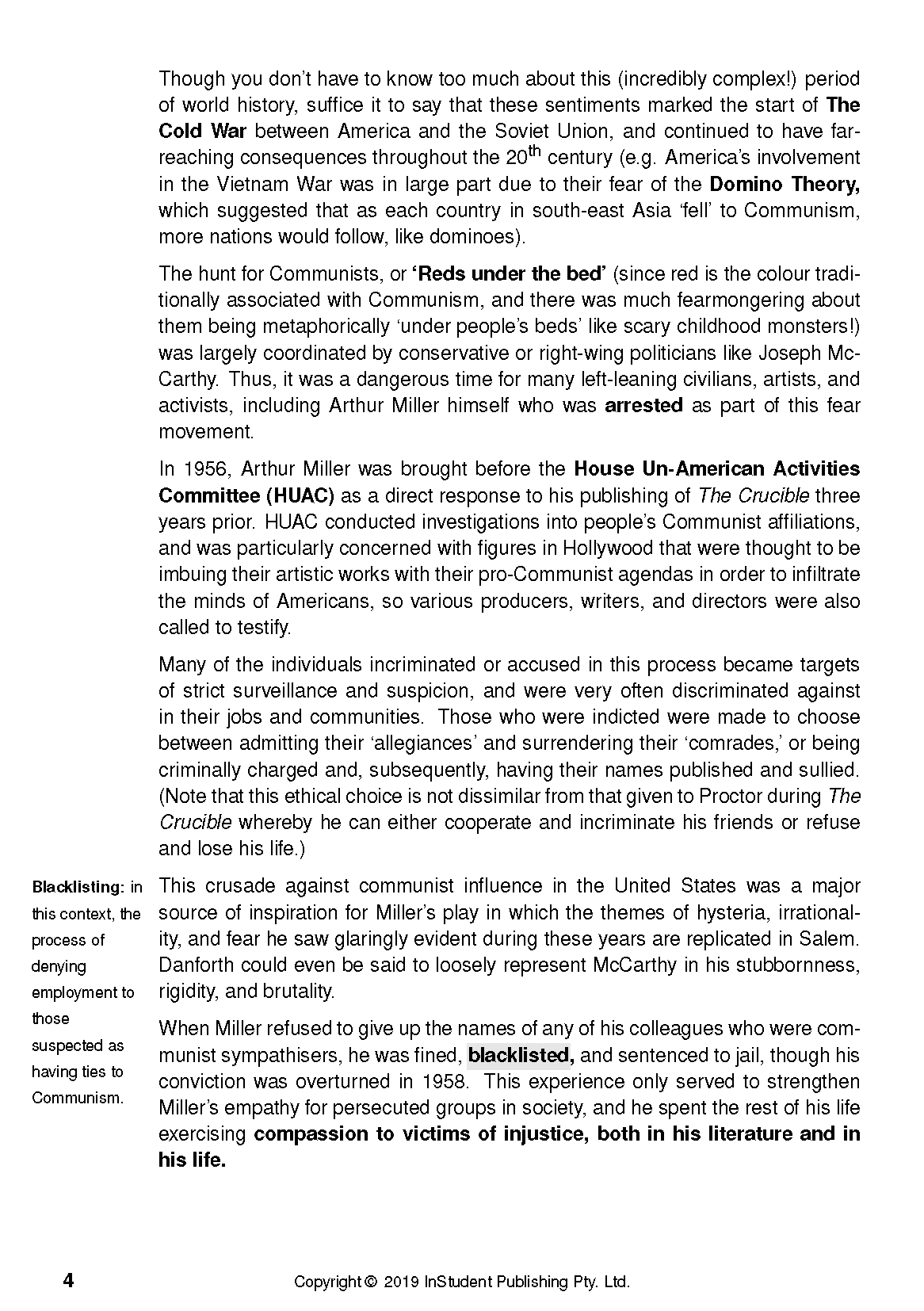 Text Guide by InStudent Publishing Pty. Ltd. displaying a page with detailed text on The Crucible's historical context, Cold War, HUAC, and blacklisting.