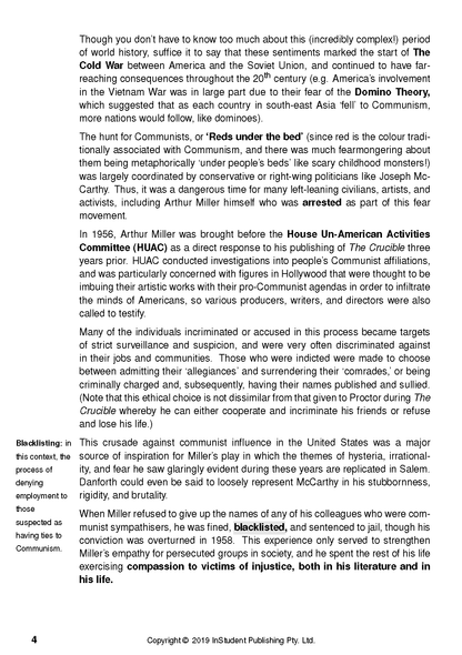 Text Guide by InStudent Publishing Pty. Ltd. displaying a page with detailed text on The Crucible's historical context, Cold War, HUAC, and blacklisting.