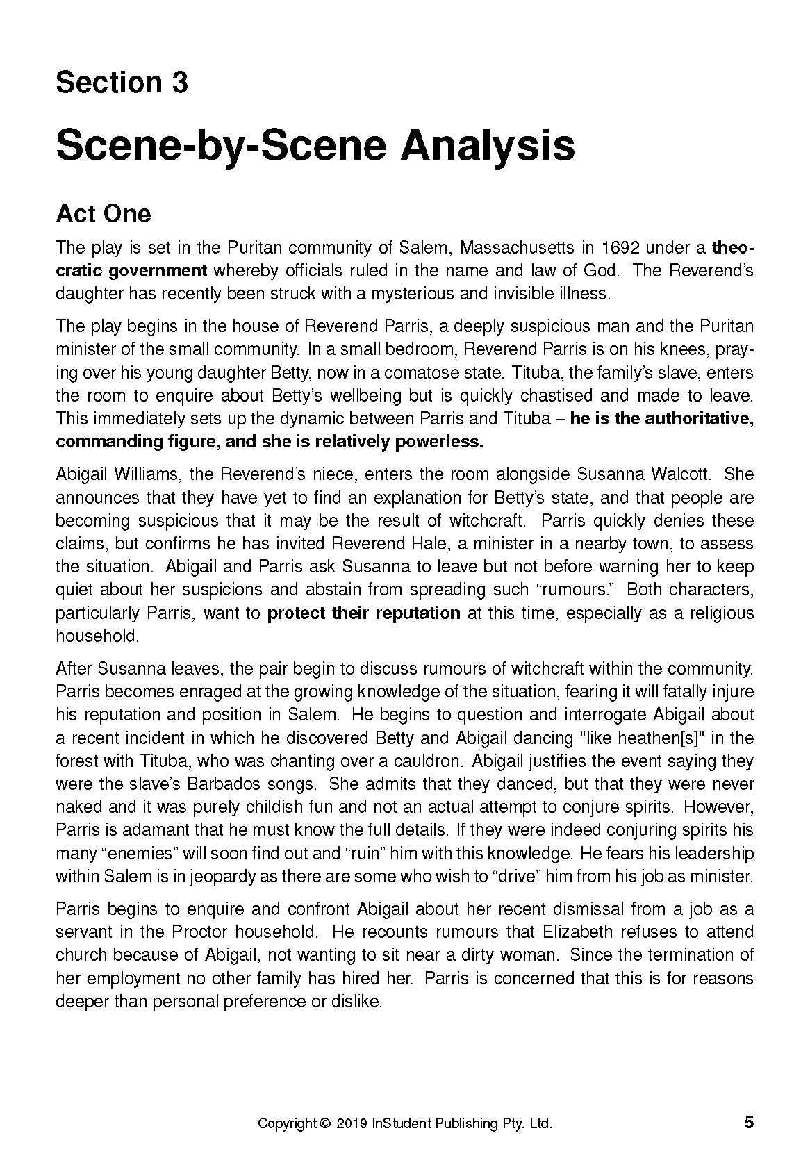 Text Guide page with the heading "Section 3 Scene-by-Scene Analysis Act One" and dense black text on a white background.