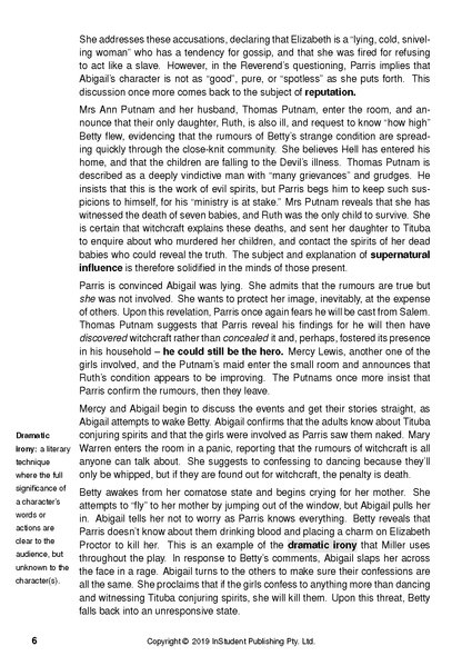 A page from the Text Guide for The Crucible by Arthur Miller, with black text on a white background and sections in bold.