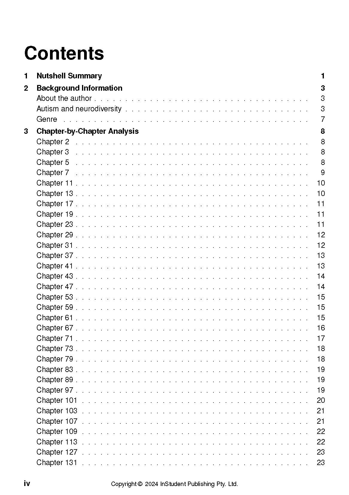 Text Guide for The Curious Incident of the Dog in the Night-time, displaying its table of contents with Nutshell Summary, Background Information, Chapter-by-Chapter Analysis, and page numbers.