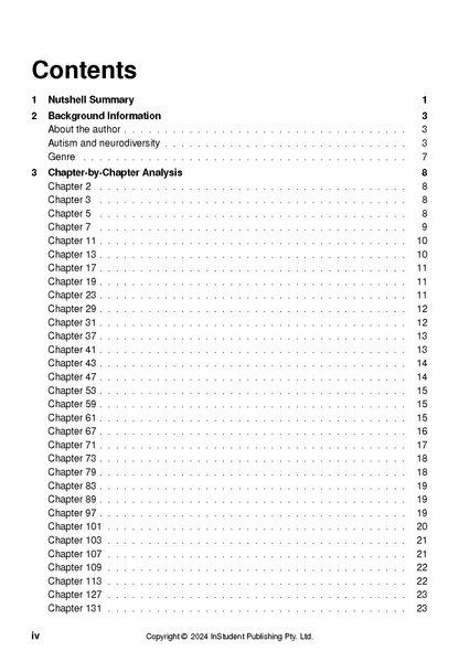 Text Guide for The Curious Incident of the Dog in the Night-time, displaying its table of contents with Nutshell Summary, Background Information, Chapter-by-Chapter Analysis, and page numbers.