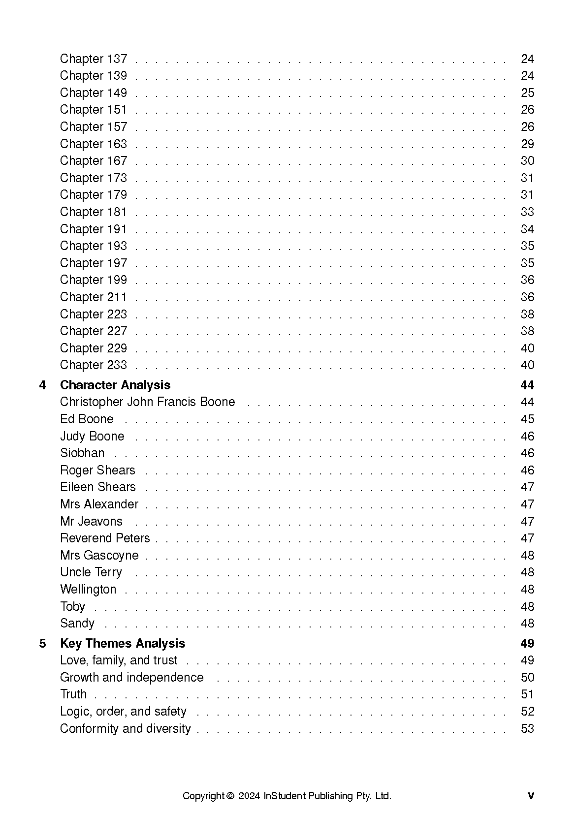 Text guide table of contents page by InStudent Publishing Pty. Ltd. listing chapters, character analysis, and key themes.