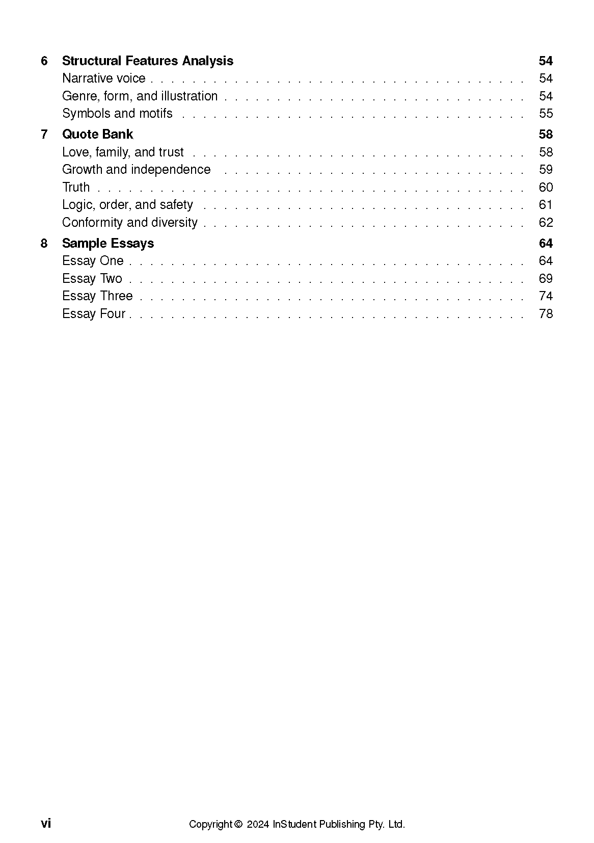 Text Guide showing its table of contents, listing chapters on structural analysis, quote bank, and sample essays with corresponding page numbers.