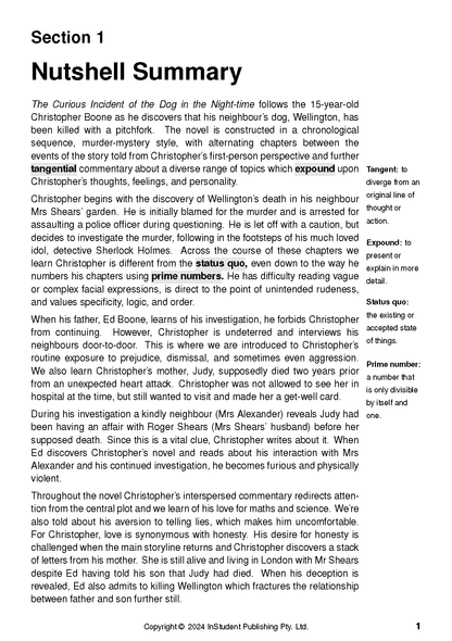 Text Guide page showing "Section 1 Nutshell Summary" with definitions of "Tangent," "Expound," "Status quo," and "Prime number."