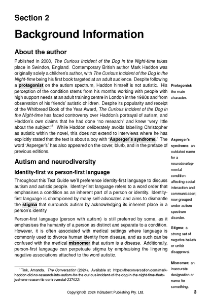 Printed text guide page detailing "Background Information" and "Autism and neurodiversity" sections, with definitions in the right margin.