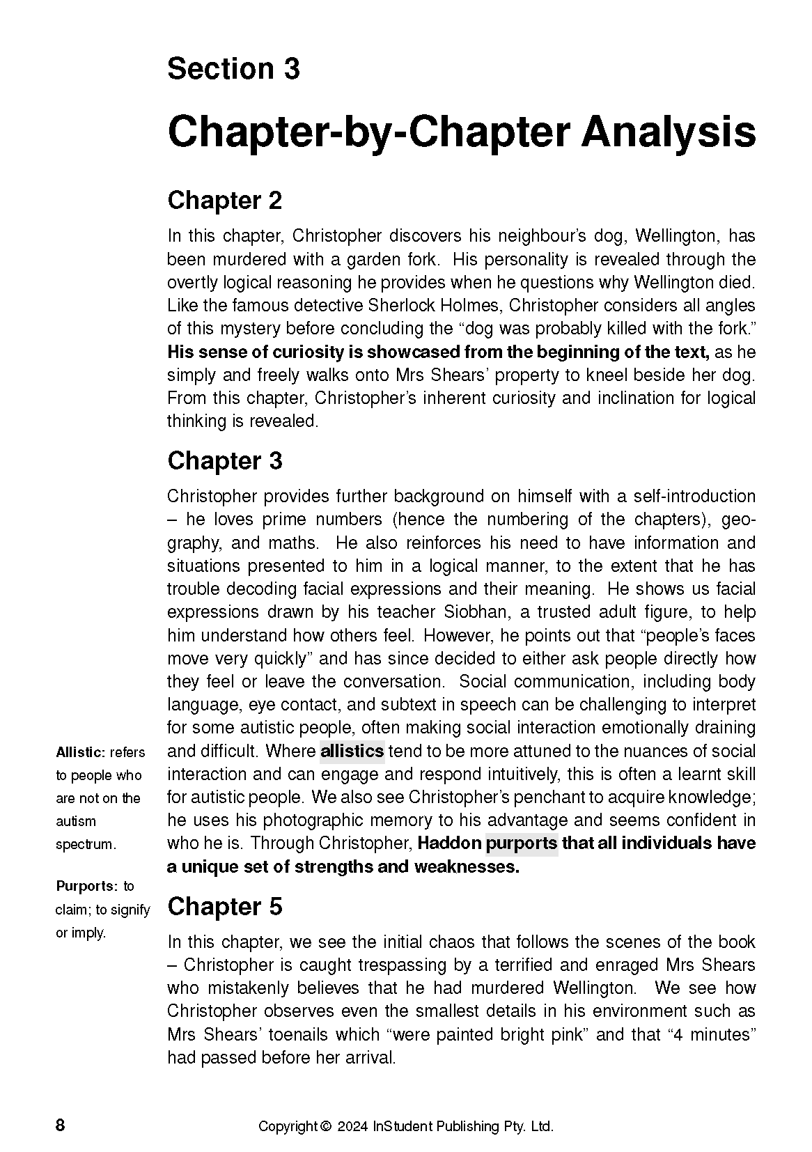 White Text Guide with black text displaying chapter analysis and literary definitions.