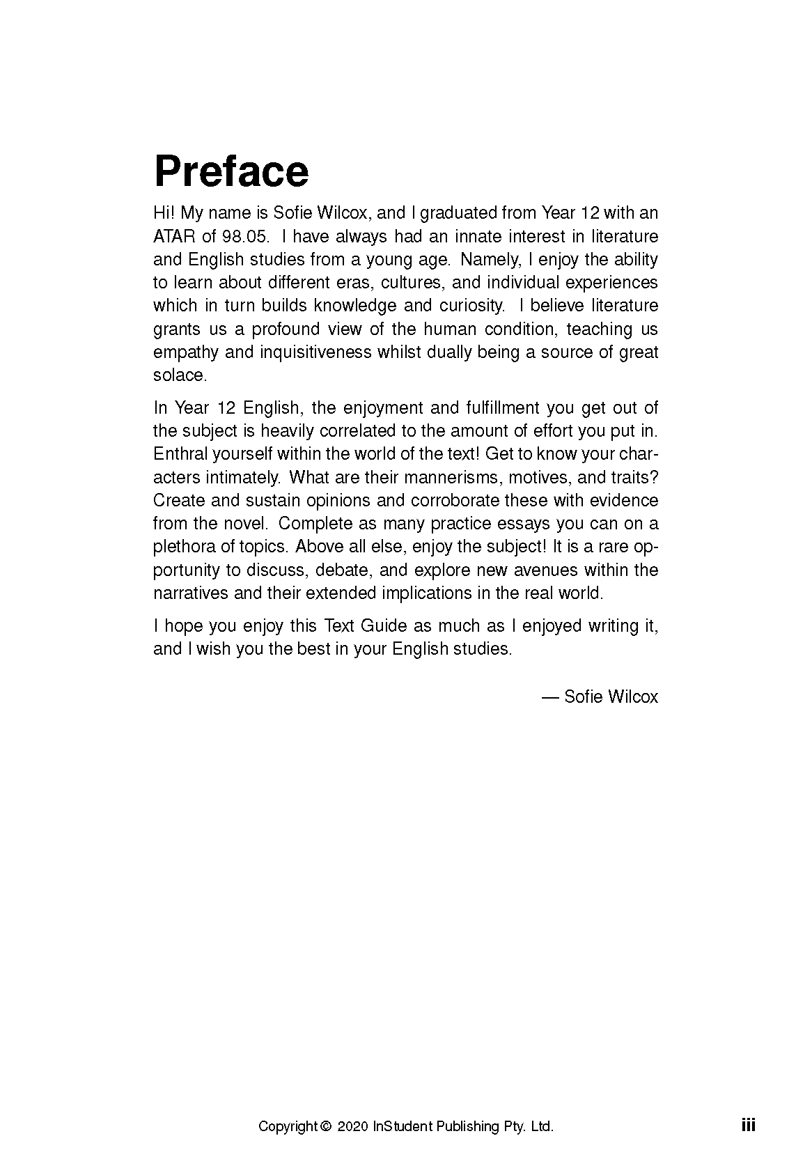 Text Guide page displaying the 'Preface' section, with black text on a white background, signed by Sofie Wilcox.