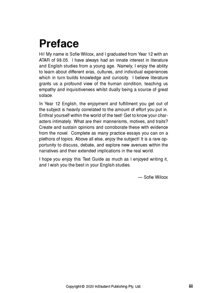 Text Guide page displaying the 'Preface' section, with black text on a white background, signed by Sofie Wilcox.