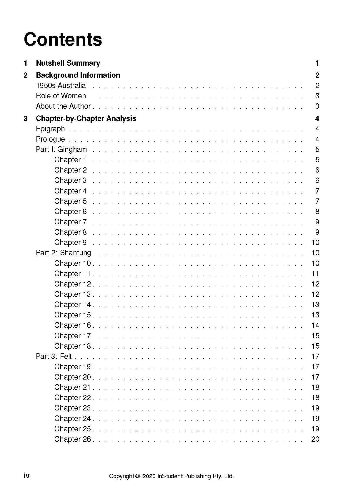 White page of a text guide from InStudent Publishing displaying its table of contents titled "Contents" with sections and chapter listings.