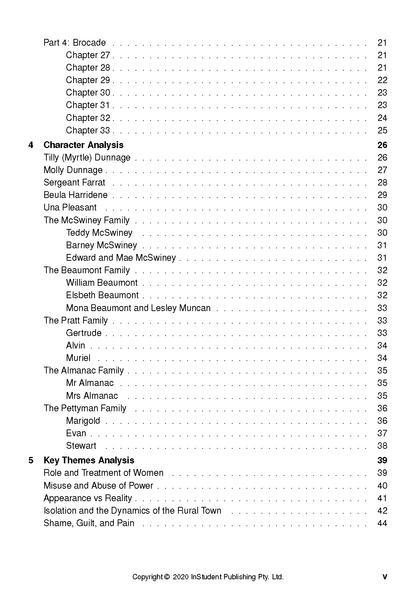 Text Guide The Dressmaker by Rosalie Ham by InStudent Publishing Pty. Ltd., showing a table of contents listing chapters and analysis sections with page numbers.