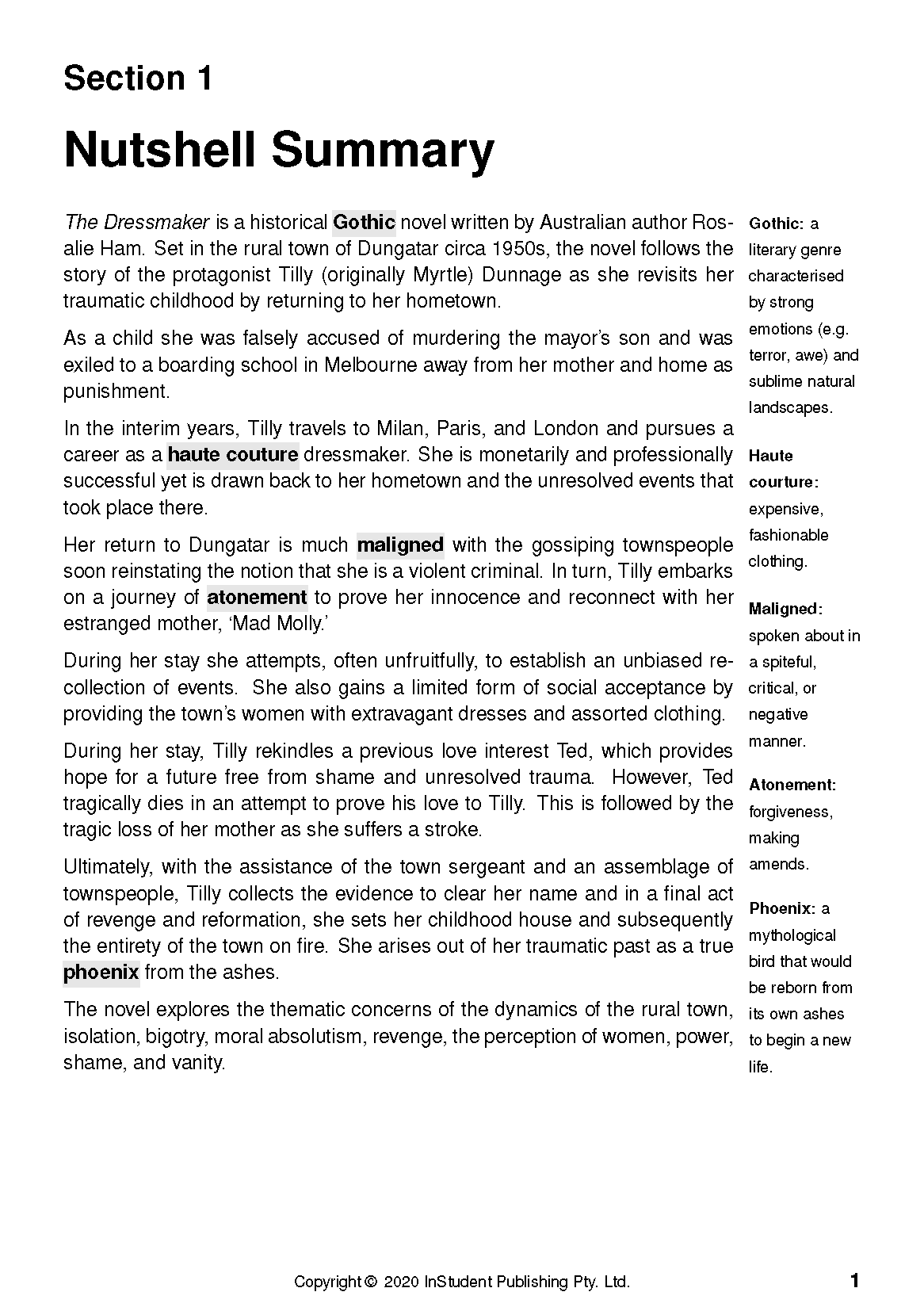 Text guide for The Dressmaker by Rosalie Ham, showing the 'Nutshell Summary' section with text and definitions on a white page.
