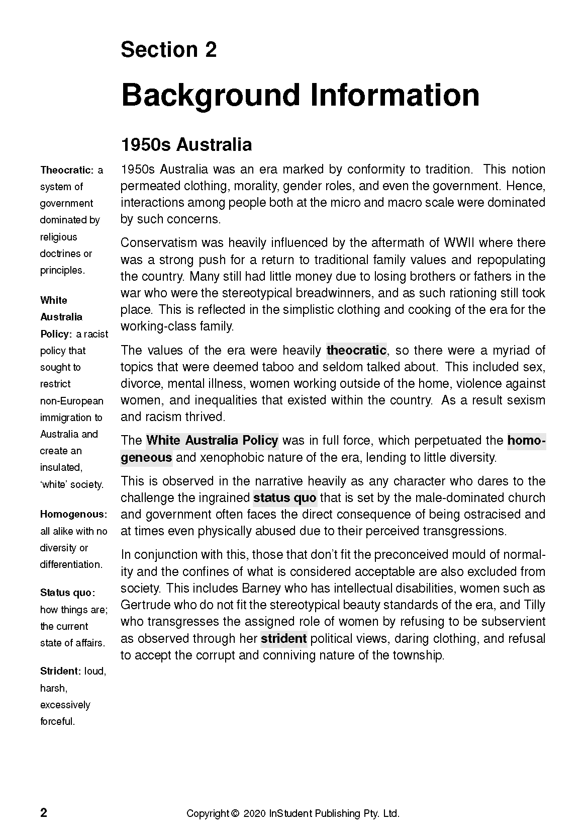 Text Guide document page featuring "Section 2 Background Information" title, body text, sidebar definitions, and highlighted terms.