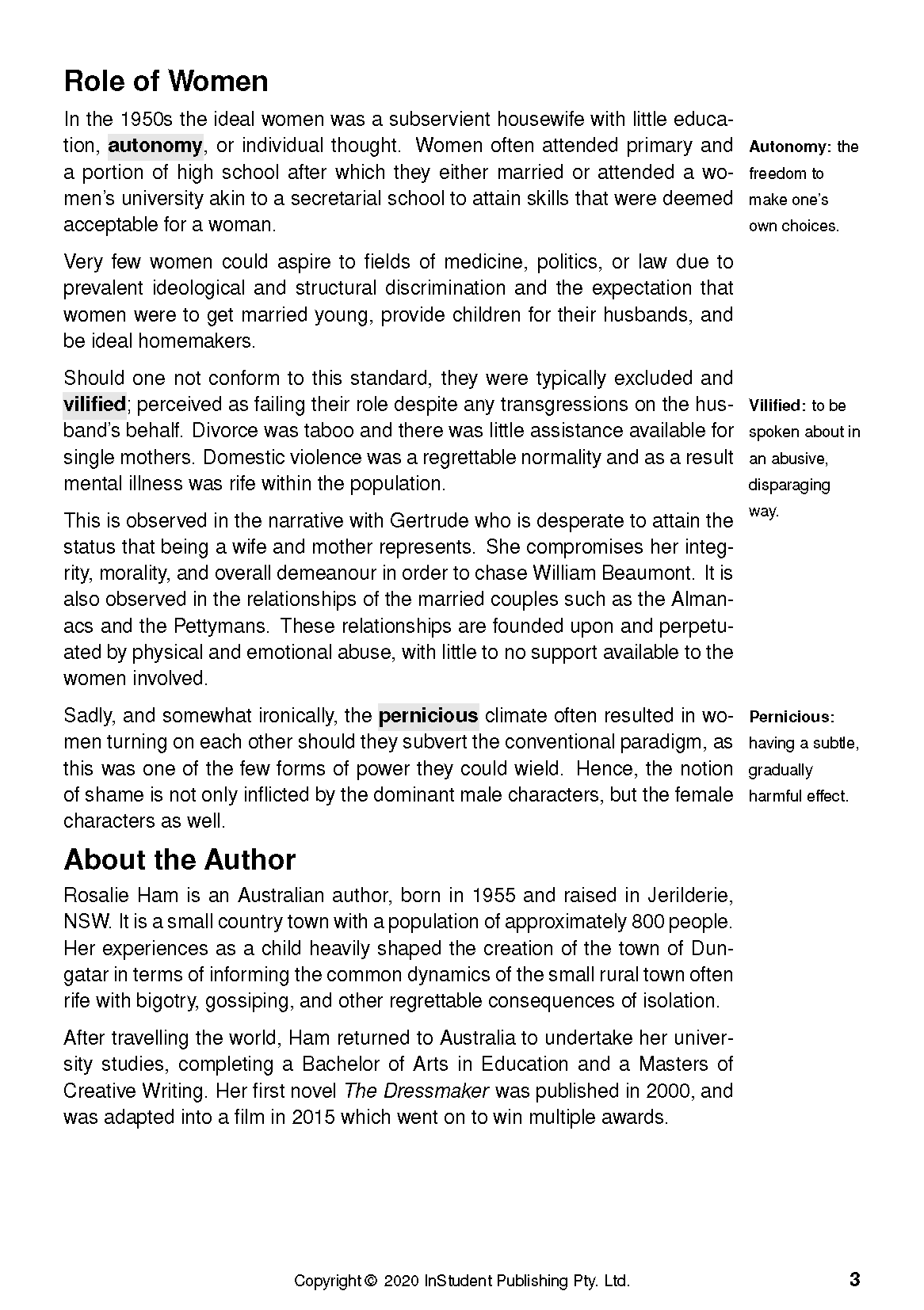 Text Guide for The Dressmaker by Rosalie Ham by InStudent Publishing Pty. Ltd., showing sections on 'Role of Women' and 'About the Author' with highlighted vocabulary.