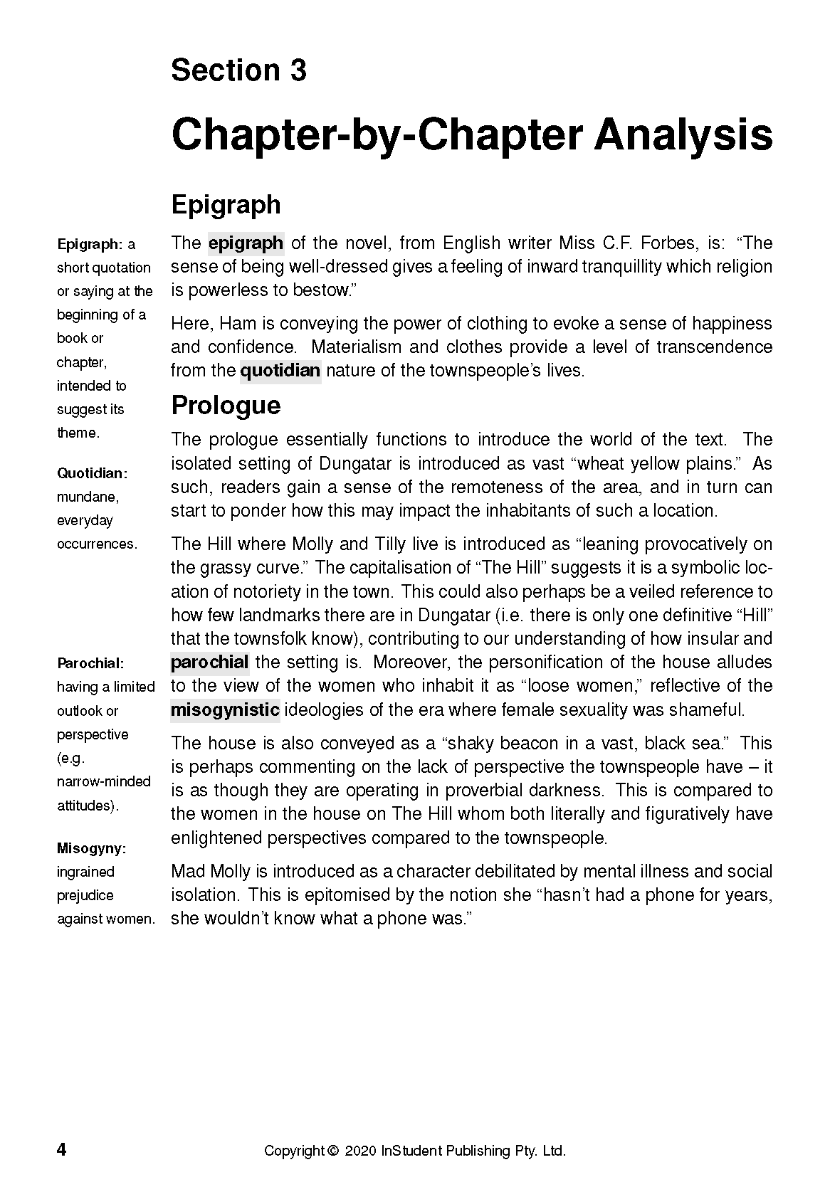 Text Guide page displaying chapter analysis from The Dressmaker, with definitions for literary terms and concepts.