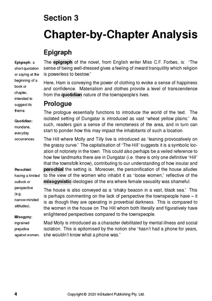 Text Guide page displaying chapter analysis from The Dressmaker, with definitions for literary terms and concepts.