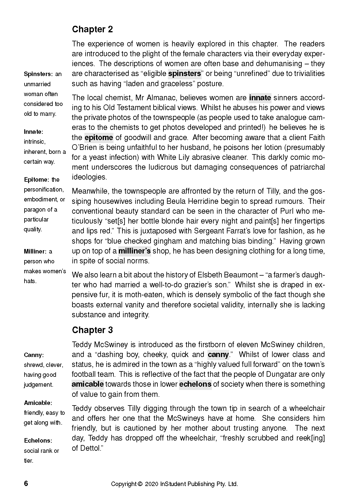 Printed page from a Text Guide for The Dressmaker by Rosalie Ham, displaying Chapter 2 and 3 with literary definitions.