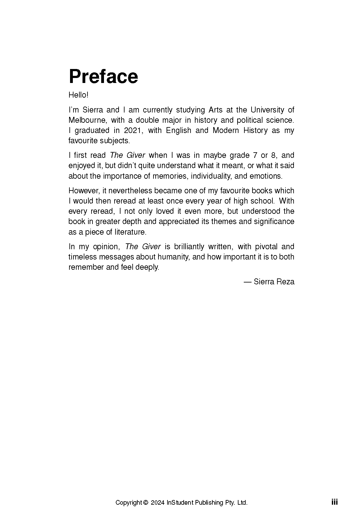 Text guide for The Giver showing a preface page with descriptive text by Sierra Reza.