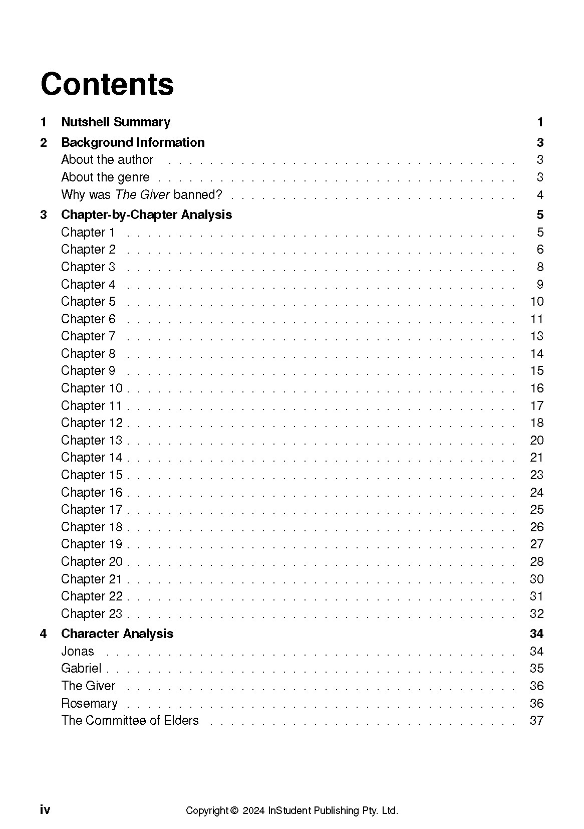 Text guide by InStudent Publishing Pty. Ltd. for 'The Giver by Lois Lowry', displaying a table of contents with chapter and character analysis sections.