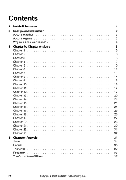 Text guide by InStudent Publishing Pty. Ltd. for 'The Giver by Lois Lowry', displaying a table of contents with chapter and character analysis sections.