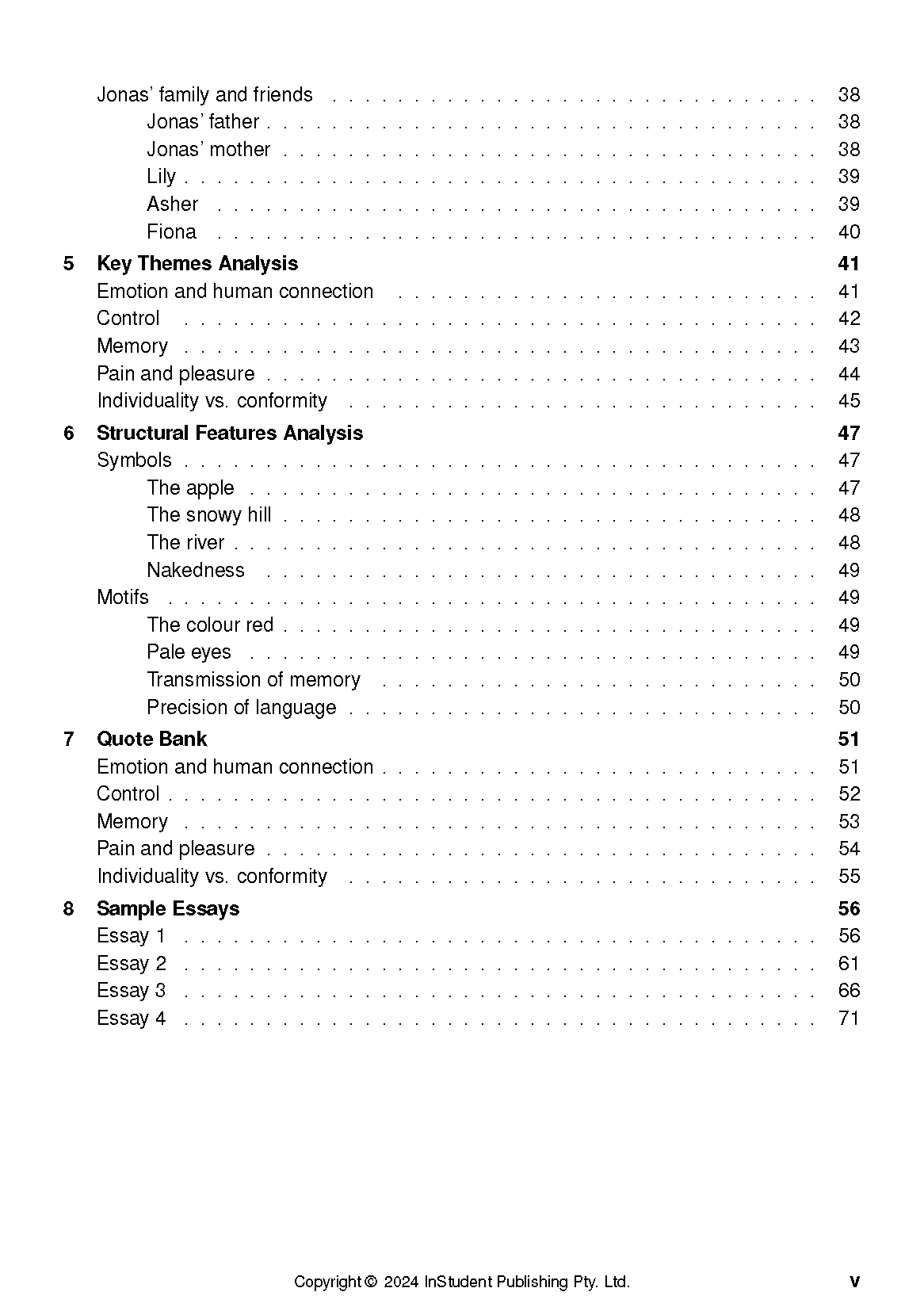 Text Guide for The Giver by InStudent Publishing Pty. Ltd. showing a partial black and white table of contents page.