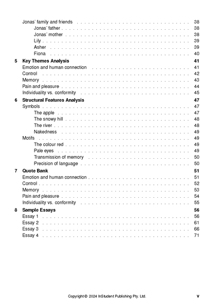Text Guide for The Giver by InStudent Publishing Pty. Ltd. showing a partial black and white table of contents page.