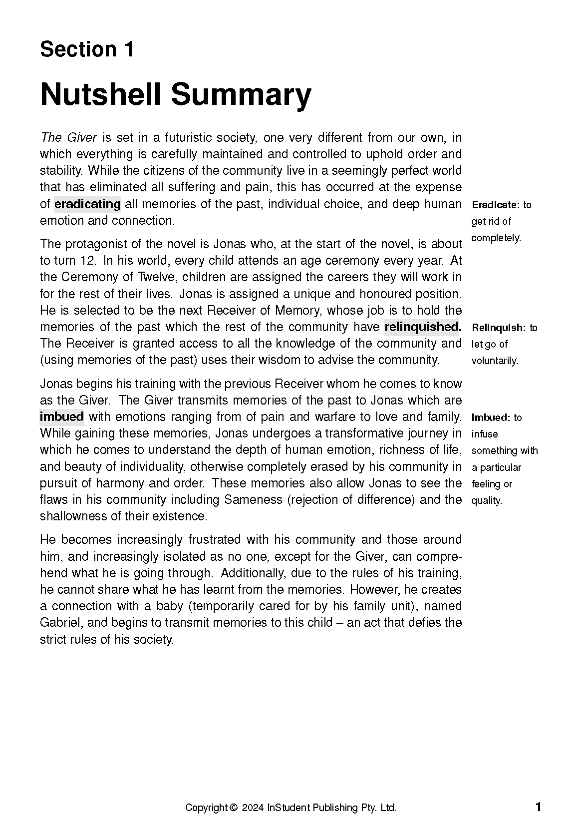 Text Guide page about The Giver by Lois Lowry, featuring a 'Nutshell Summary' with highlighted words and definitions.