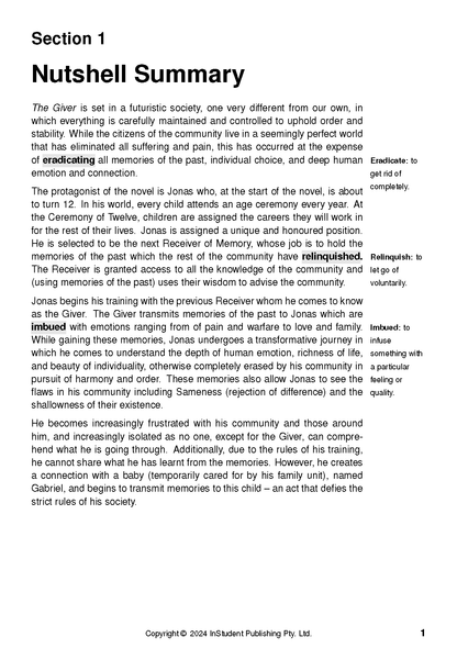 Text Guide page about The Giver by Lois Lowry, featuring a 'Nutshell Summary' with highlighted words and definitions.