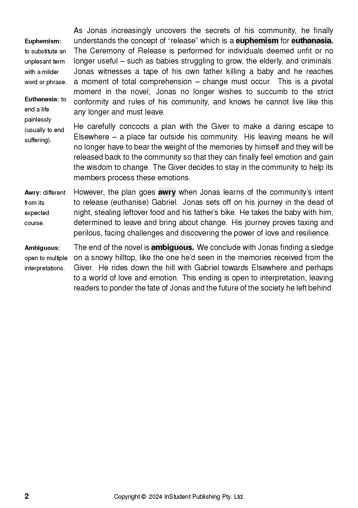 Text guide page with black definitions for 'Euphemism', 'Euthanasia', 'Awry', and 'Ambiguous' against a white background.