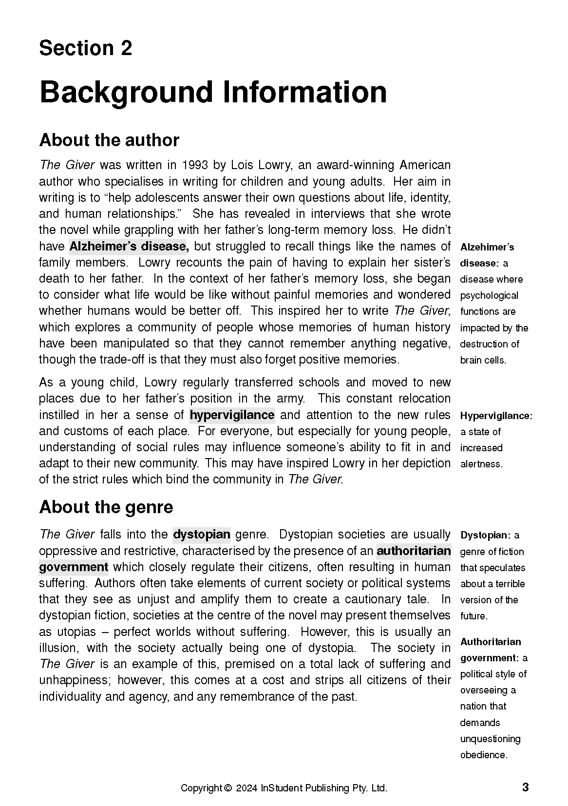 Text Guide page in black and white, featuring background information about 'The Giver' with margin definitions.
