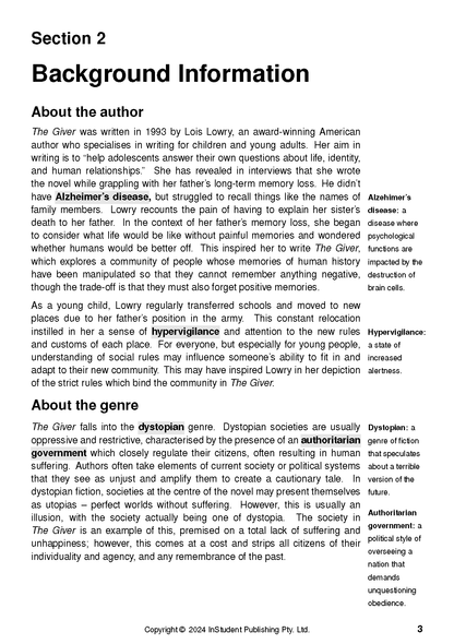 Text Guide page in black and white, featuring background information about 'The Giver' with margin definitions.