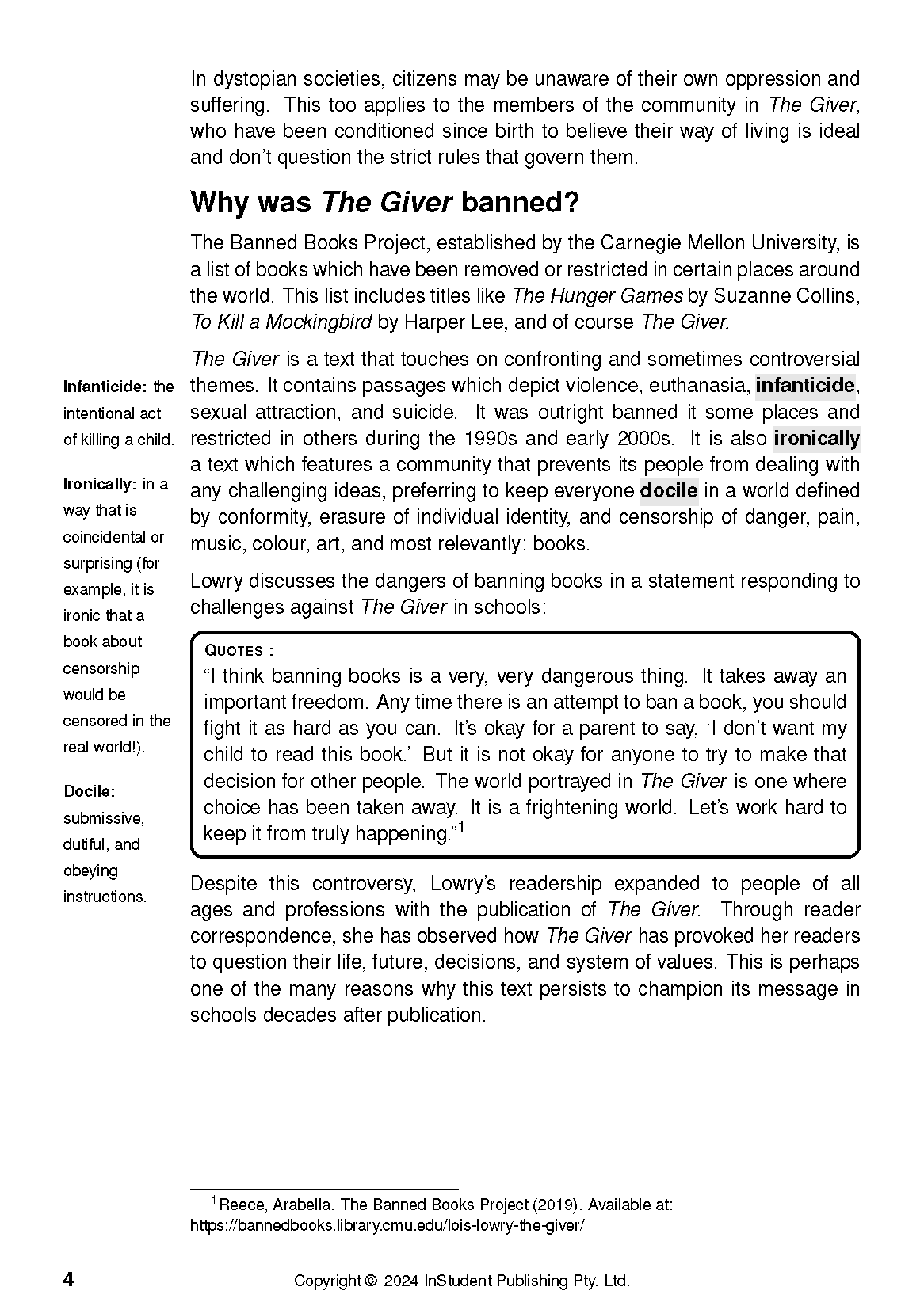 Text Guide focusing on The Giver by Lois Lowry, displayed as a page with black text, definitions, and quotes.