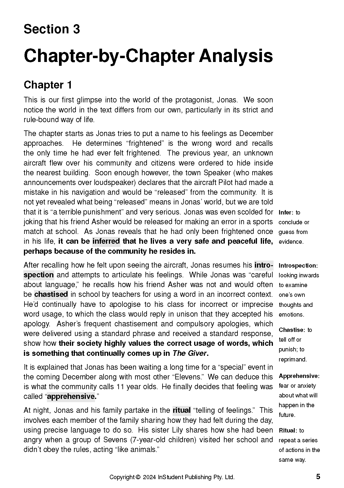 Text guide for The Giver by InStudent Publishing Pty. Ltd., displaying a page with Chapter 1 analysis, bold headings, and side notes.