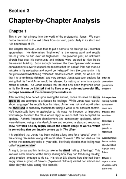 Text guide for The Giver by InStudent Publishing Pty. Ltd., displaying a page with Chapter 1 analysis, bold headings, and side notes.