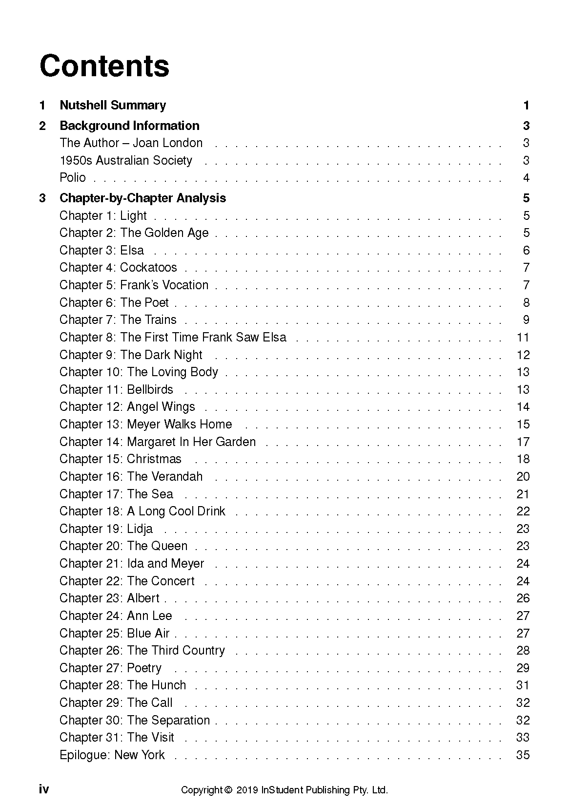 Text Guide from InStudent Publishing Pty. Ltd. displaying the table of contents for 'The Golden Age by Joan London' on a white page.