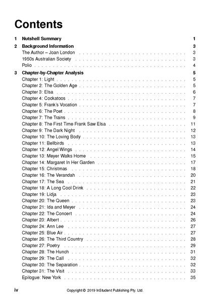 Text Guide from InStudent Publishing Pty. Ltd. displaying the table of contents for 'The Golden Age by Joan London' on a white page.