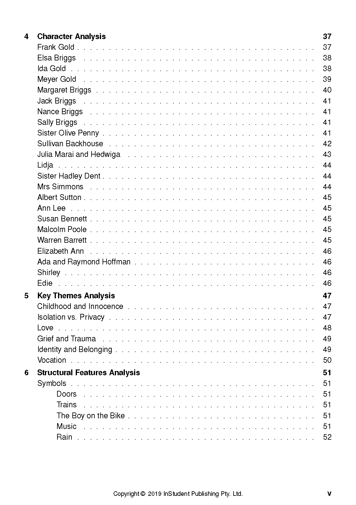 Text Guide from InStudent Publishing Pty. Ltd. displaying a table of contents page detailing character, theme, and structural analysis sections.