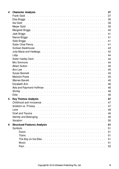 Text Guide from InStudent Publishing Pty. Ltd. displaying a table of contents page detailing character, theme, and structural analysis sections.
